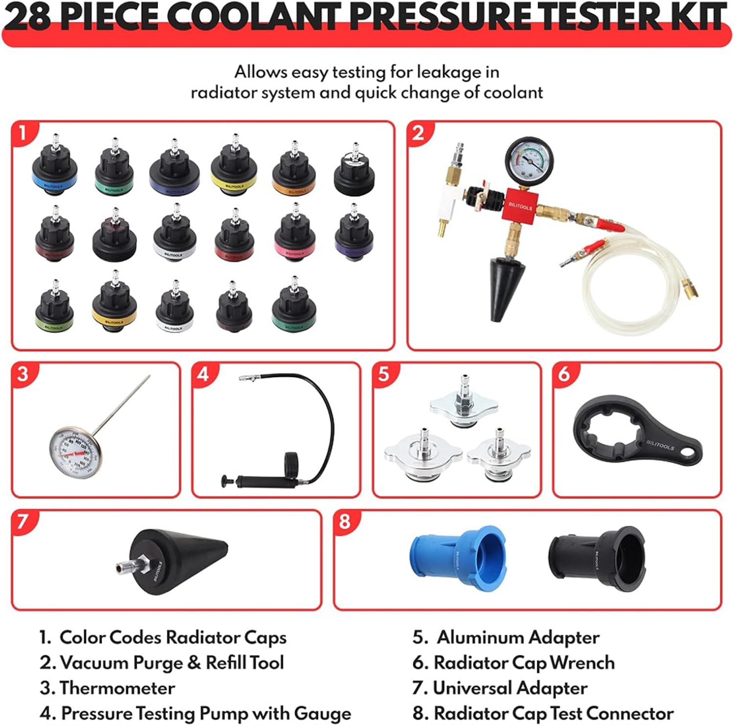 28 Pieces Radiator Pressure Tester Kit, Universal Fit Coolant Vacuum Refill Tool Kit, Radiator Pump Pressure Tester Set