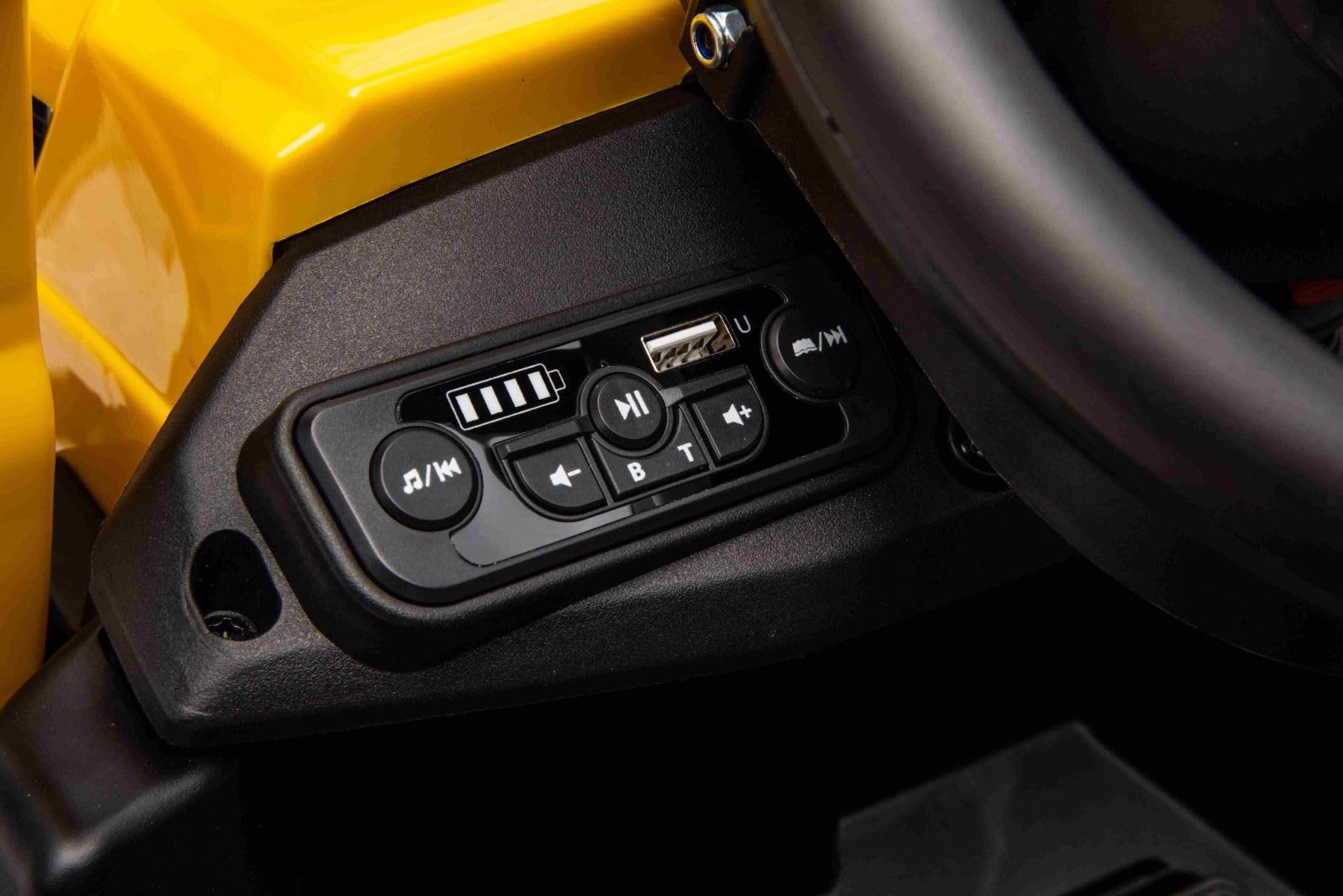 Lizensierter Caterpillar Elektrobagger mit Hang- und Grabschaufel, Einzelsitz, Gelb, USB-Anschluss am MP3-Player, Heckantrieb mit 2 x 30W Motoren und Lithium-Batterie