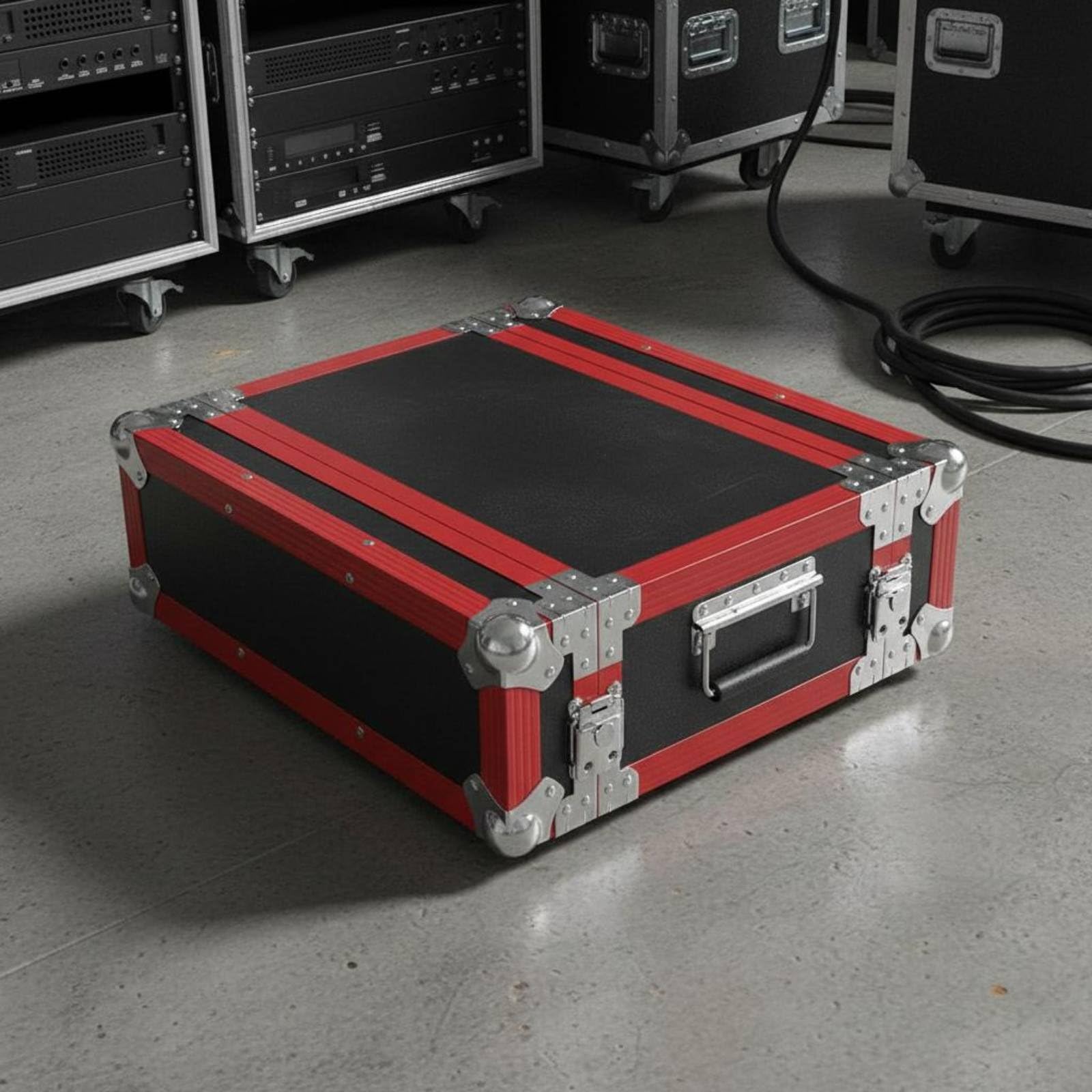 predolo Professional Audio Rack per Apparecchiature Audio Antiurto Case Rigido da Trasporto 2U Costruzione Robusta Valigia Rack in Alluminio per DJ, Tour, Nero+Rosso