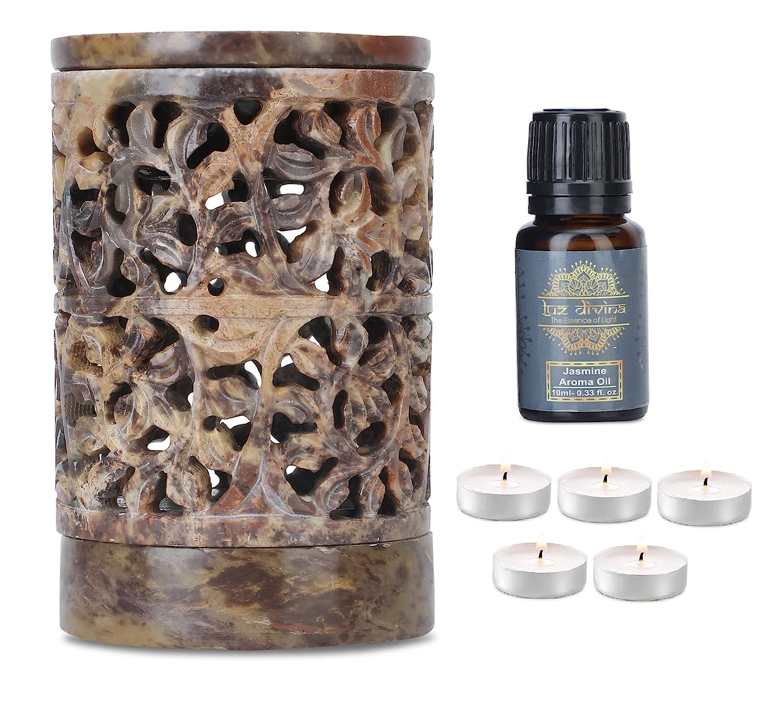 Luz Divina Handcrafted Soapstone Aroma Burner Oil Diffuser with 10ml Aroma Oil and 5 Tea Light Candle, Tea Light Holder, Oil Burner, Gifting, Meditation, Aromatherapy & Home Decor, Hotel,Spa (LD02)