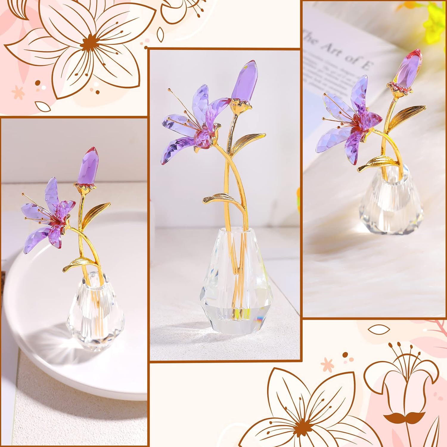 Crystal Tiger Lily Flowers with Crystal Vase Metal Stem Purple Lily Flower Collectible Gifts for Women, Glass Lilium Flower Artificial Floral Figurines for Home Wedding Party Decor - Image 4