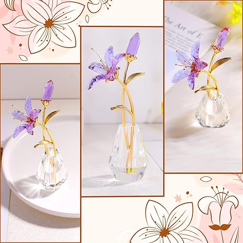 Miniatura 4 de Flores de lirio de tigre de cristal con jarrón de cristal, tallo de metal, flor de lirio morado, regalos coleccionables para mujeres, figuras