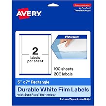 Avery Printable Durable White Rectangle Labels, Sure Feed Technology, 5" x 7", Waterproof Labels, Laser & Pigment-Based Inkjet Compatible, 200 Total, Great for Product Branding, Marketing, and More