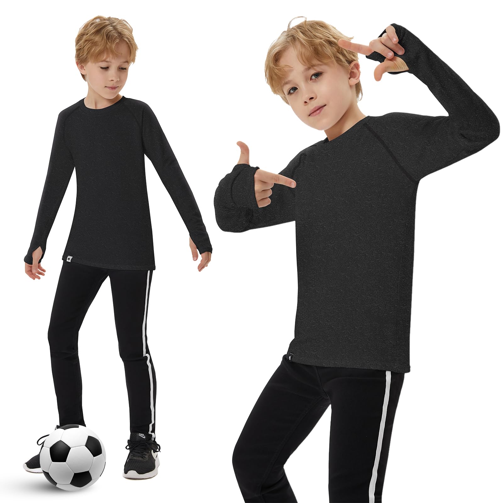 Soneven sous-vêtements Thermiques pour Enfants, Unisexe, Chaud en Polaire, t-Shirt de Sport pour Filles, t-Shirt à Manches Longues pour Enfants avec Trou pour Le Pouce pour l'hiver