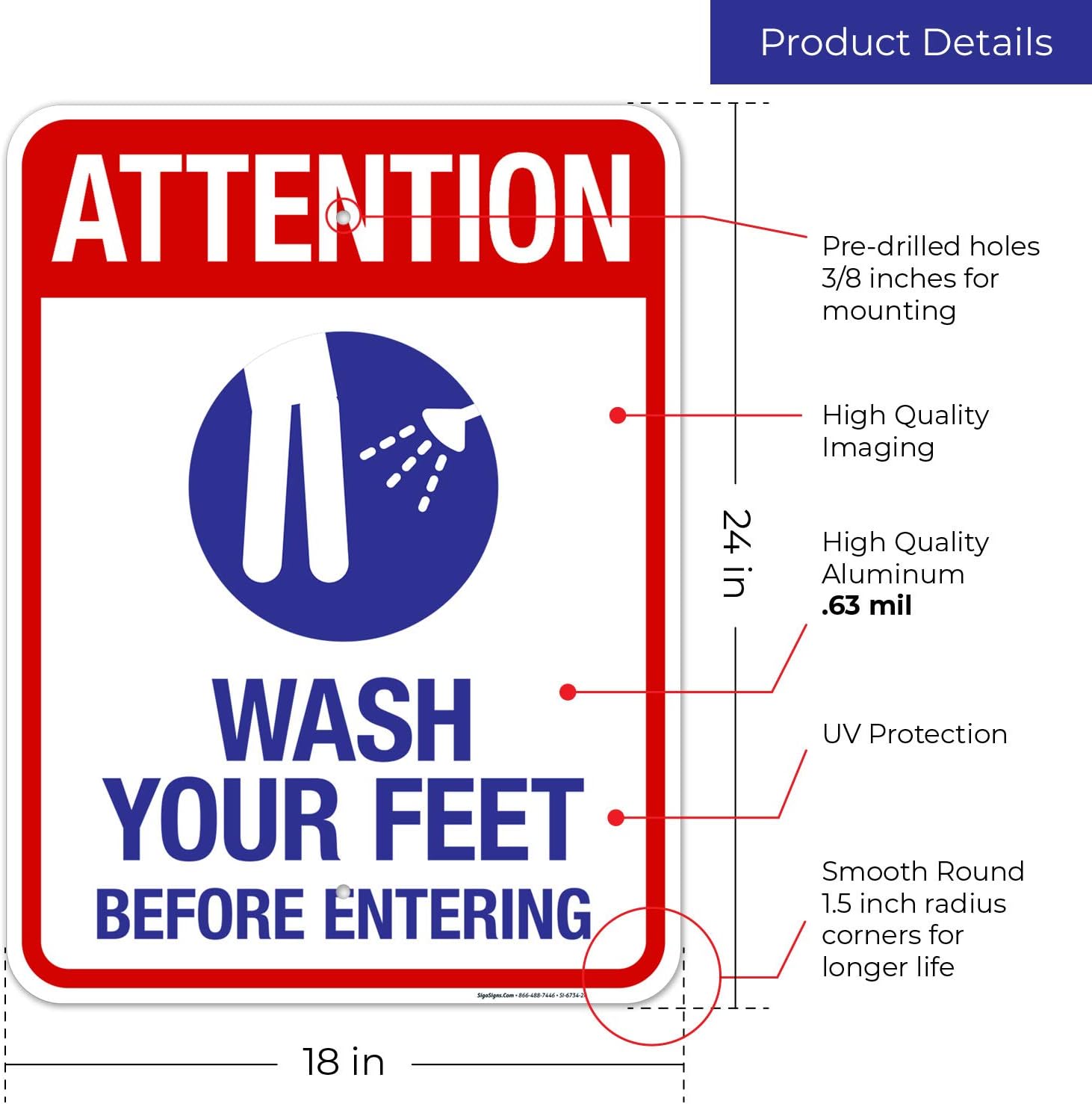 Attention Wash Your Feet Before Entering Sign, Pool Sign, 18x24 Inches, Rust Free .063 Aluminum, Fade Resistant, Indoor/Outdoor Use, Made in USA