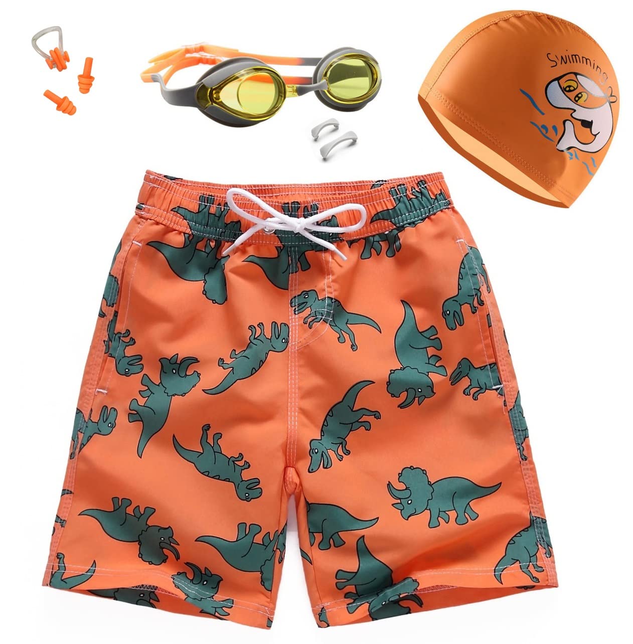 DzanncBoys Swim Trunks, Quick Dry Beach Swim Trunks Mesh Lining Kids Drawstring Shorts with HD Waterproof Anti-Fog Goggles, PU Swimming Cap, Silicone Earplugs & Nose Clip