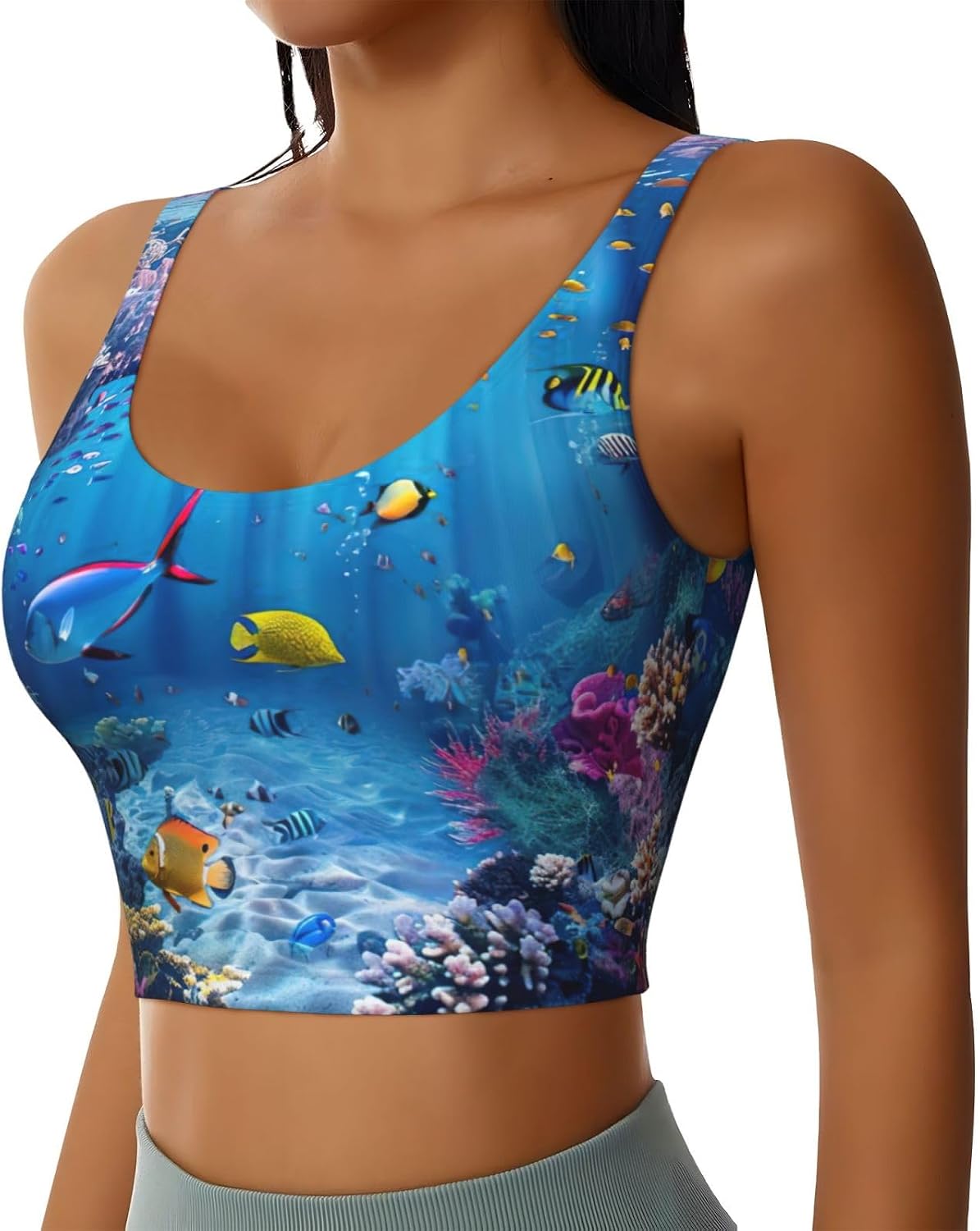 Colorful Ocean Theme Print High Impact Sports Bras,Longline Sports Bra,Perfect for Yoga,Running and Gym Workouts