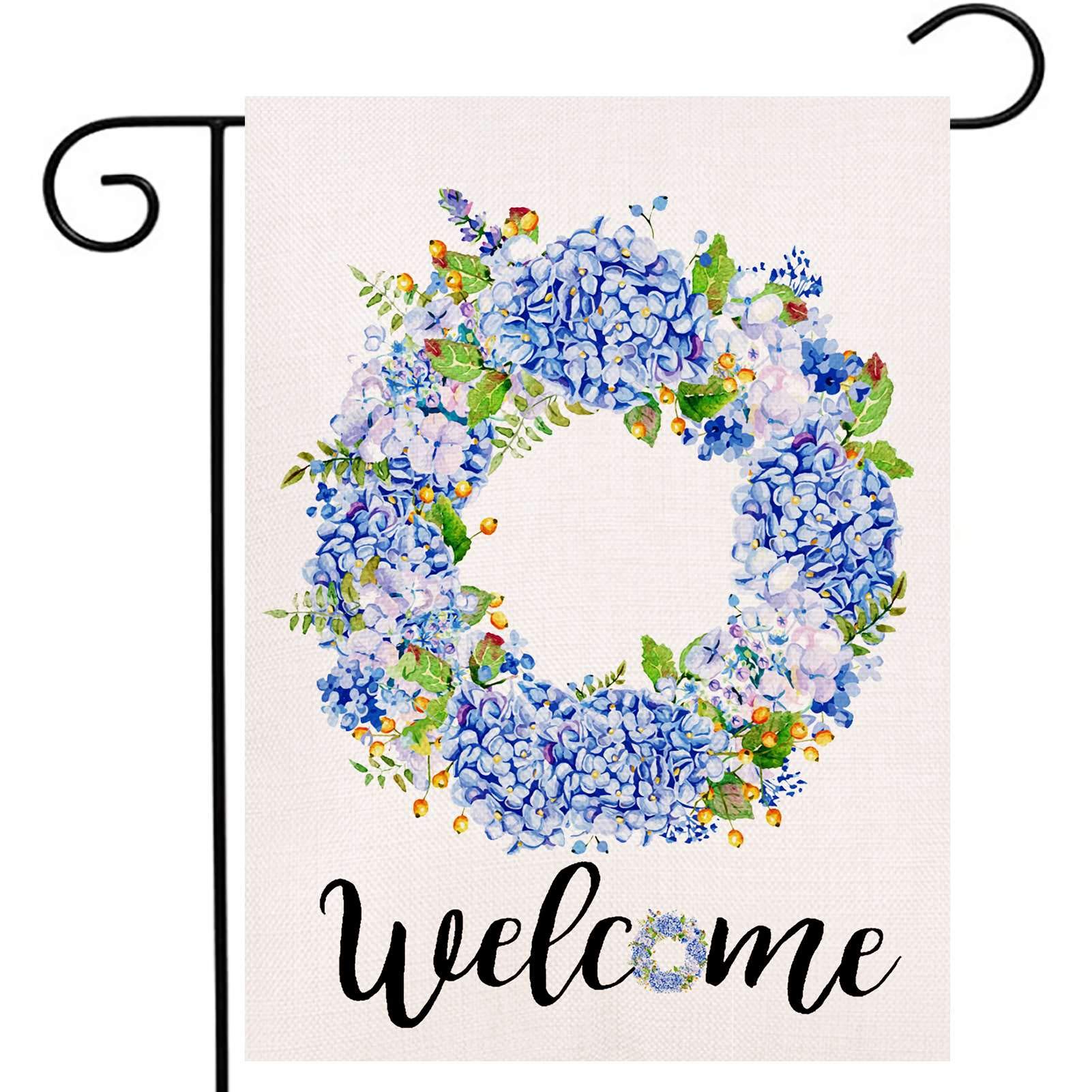 OgiselestyleWelcome Blue Hydrangea and Berries Wreath Small Garden Flag Vertical Double Sided 12 x 18 Inch Summer Burlap Yard Décor