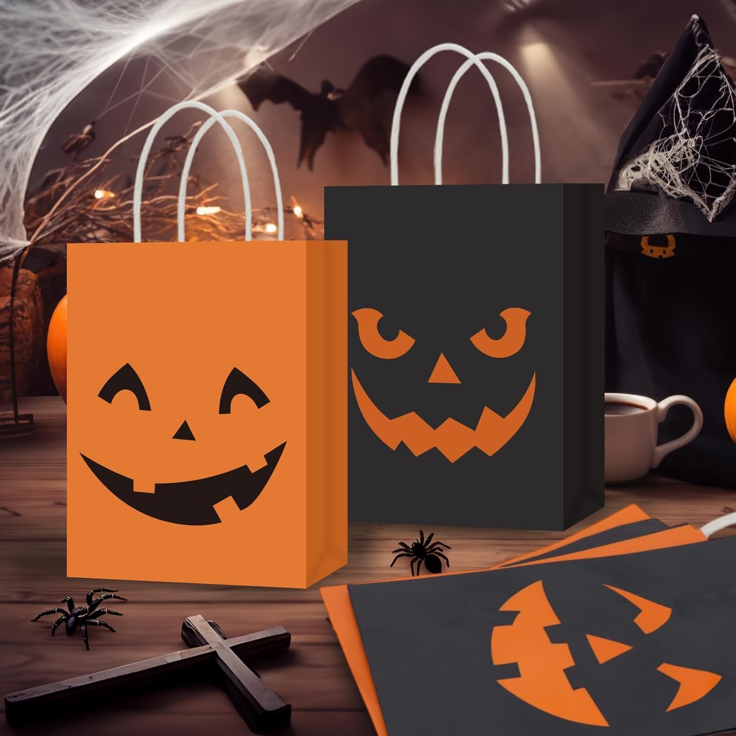 SAYAYA 36 Pcs Halloween Kraft Paper Treat Bags Glow in The Dark Pumpkin Paper Gift Bags with Handles for Trick or Treat Goody Gift Halloween Party Favors Supplies