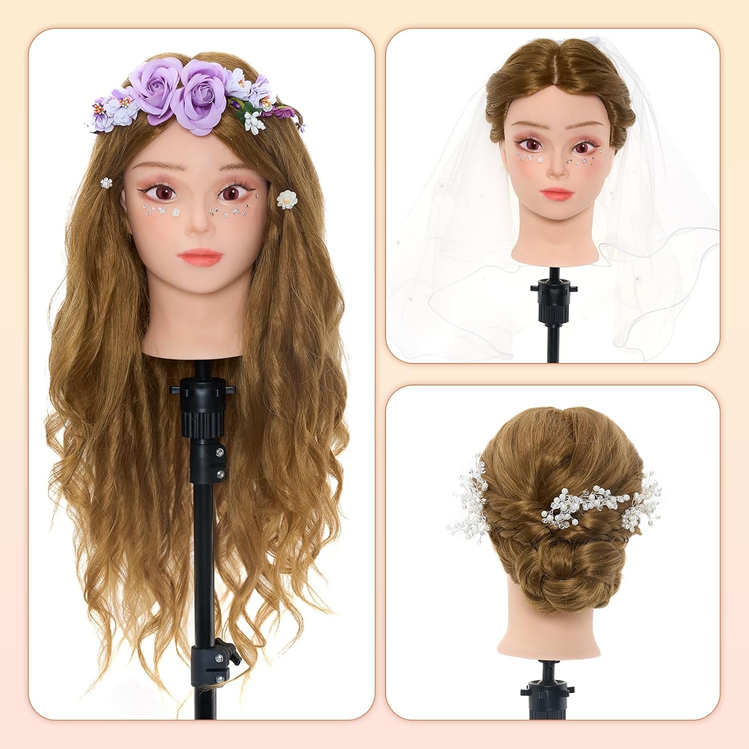 Schminkkopf 50% Echthaar mit Ständer 24" Frisierkopf Friseur Friseurkopf | Trainingsköpfe Übungskopf Puppenkopf Ausbildung Kopf Mit Halter + Hair Styling Braid Set