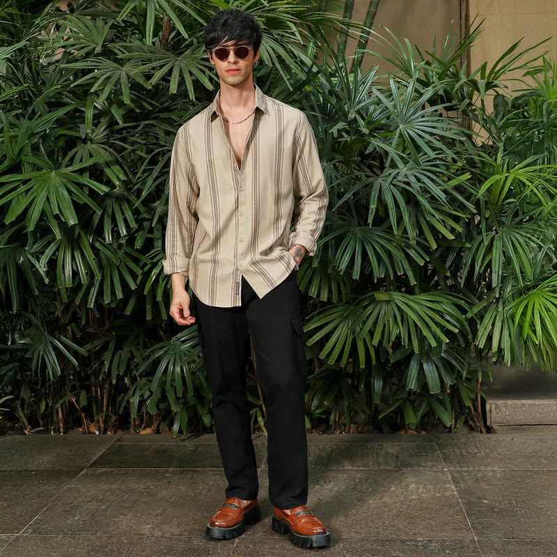 Image of CAHOOT Men's Bisque Shirt Casual Wear | Spread Collar | Long Sleeve | Button Closure | Shirt Crafted with Comfort Fit for Everyday Wear