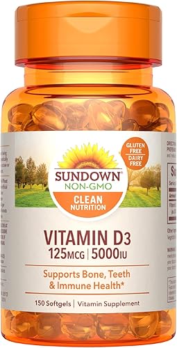 Sundown Vitamina D3 para apoyo inmunológico sin OMG sin lácteos y gluten sin sabores artificiales cápsulas blandas de 5000 UI 150 unidades