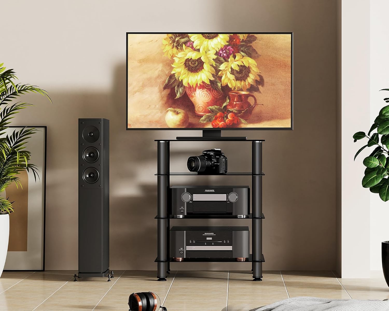 FITUEYES Meuble HiFi Verre Trempé Noir 4 Niveaux Hauteur Réglable 60×46×77 cm Charge 40 kg