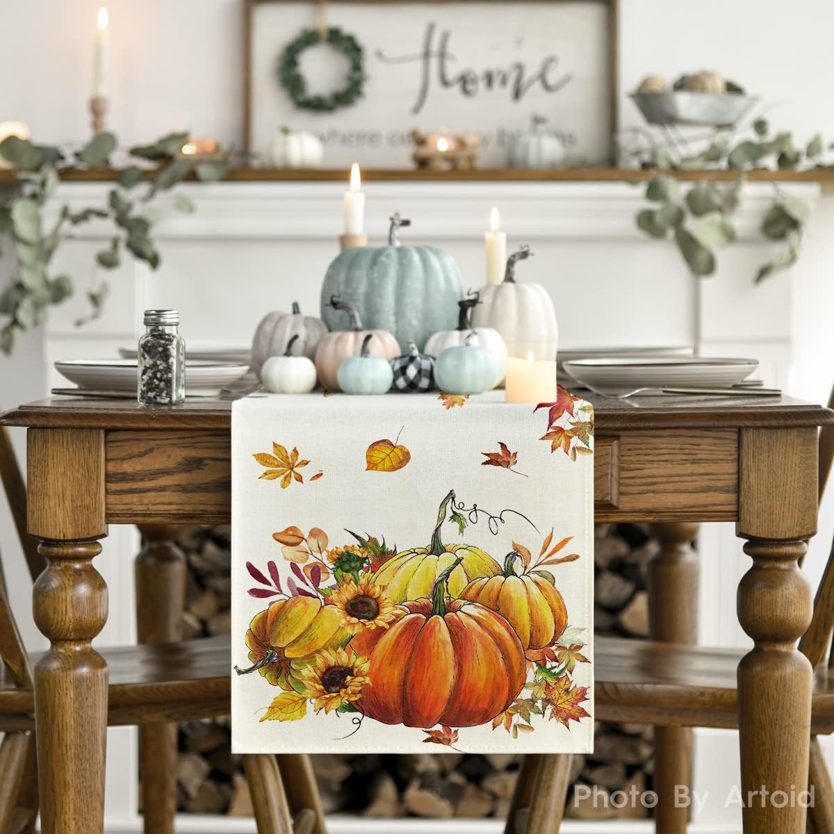 Artoid Mode Fall Pumpkins Sunflowers Maple Leaves Thanksgiving Table Runner, Seasonal Autumn Harvest Vintage Kitchen Dining Table Decoration for Indoor Outdoor Home Party Decor 13 x 48 Inch