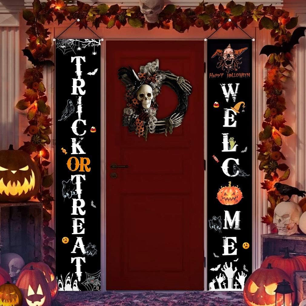Joyoumess Halloween Decorations Outdoor Indoor Welcome Sign for Front Door Decor Trick or Treat Banner Porch Signs Hanging Flags for Home Party Office Outside Yard Garden Supplies