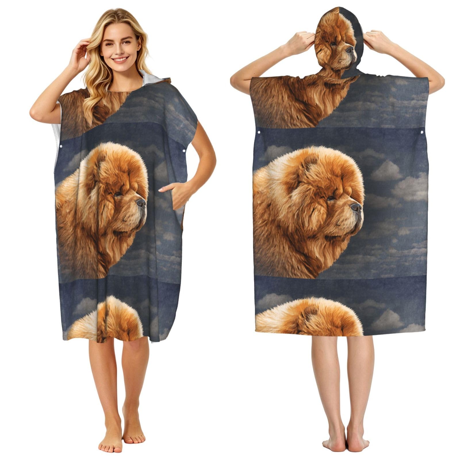 Poadnly Chow Dog Vintage, Adult Hooded Beach Towel 90 x 110 cm,Changing Bath Robe, Surf Poncho Towel For Women Men