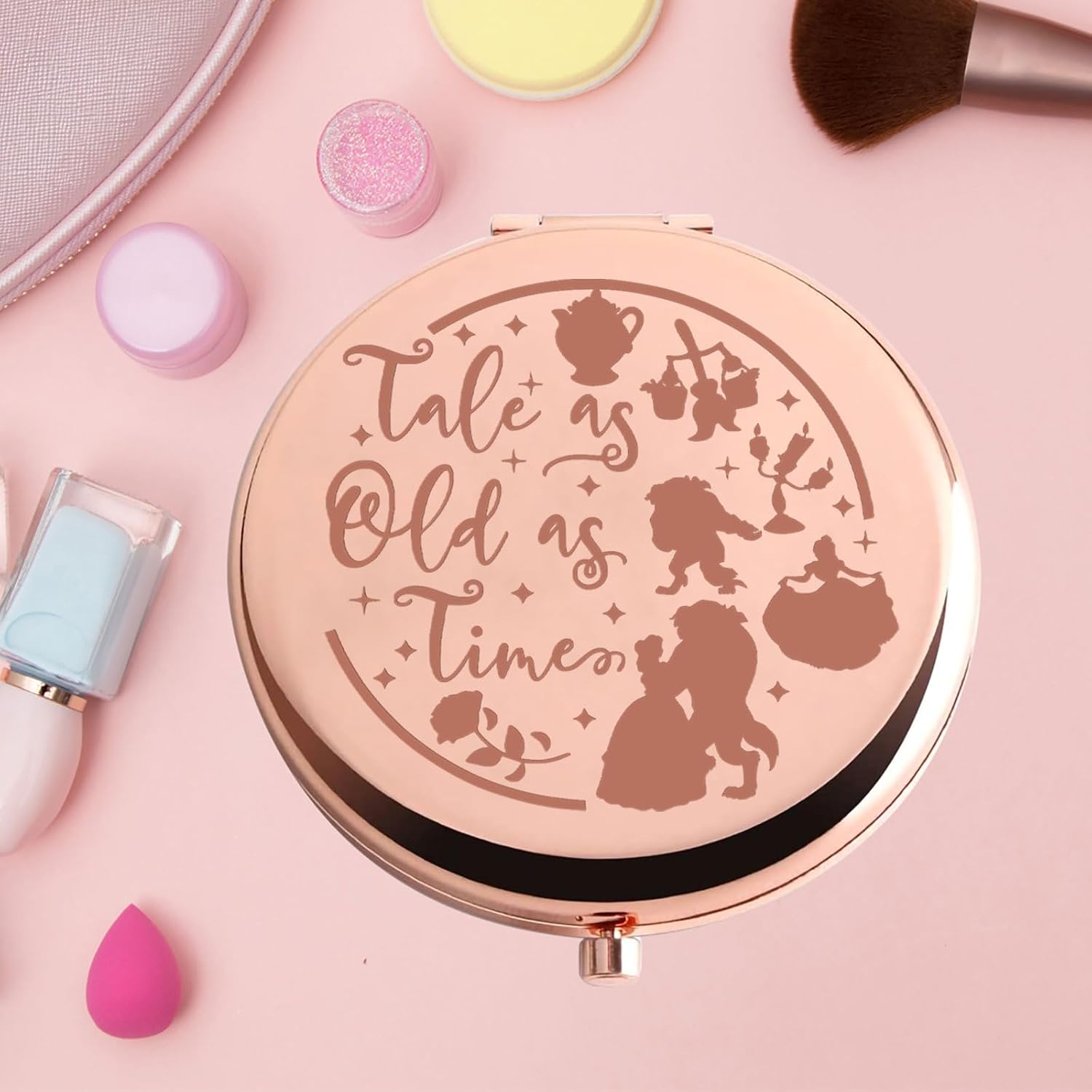 KEYCHIN Princess Beauty Pocket Mirror Princess Rose Gifts Tale As Old As Time Compact Makeup Mirror Fairytale Movie Merch (Tale As Old-RG)