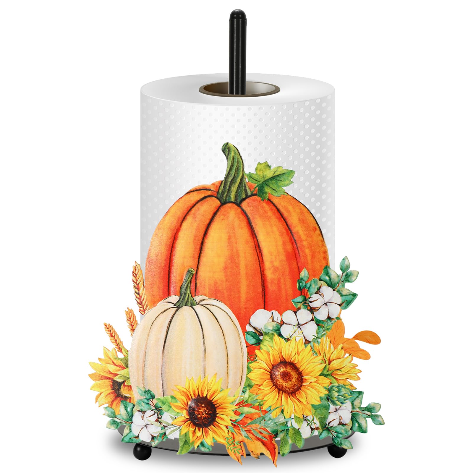 JarThenaAMCS Fall Paper Towel Holder Pumpkin Floral Kitchen Decor Accessories Autumn Thanksgiving Large Metal Towel Holder Stand for Countertop Housewarming Gift Supplies