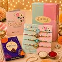 Frostick Set of 4 Rakhi for Brother with Chocolates, Roli Chawal, Greeting Card & Gift Box | Raksha Bandhan Gift with Cadbury Celebrations & Traditional Pooja Essentials gallery image