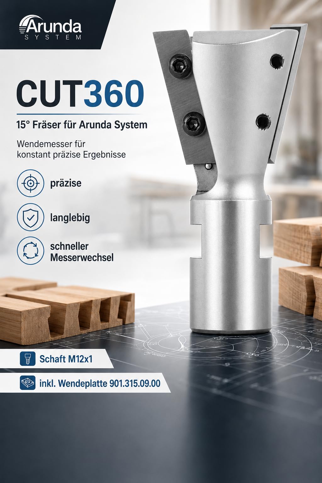 CUT360 - Zinkenfräser/Schwalbenschwanzfräser 15° für Arunda® System | Ø 40 HM, rechts | AL 31,5 mm, GL 65,5 mm | Schaft M12x1 | inkl. Wendemesser | Wendeplatte 901.315.09.00