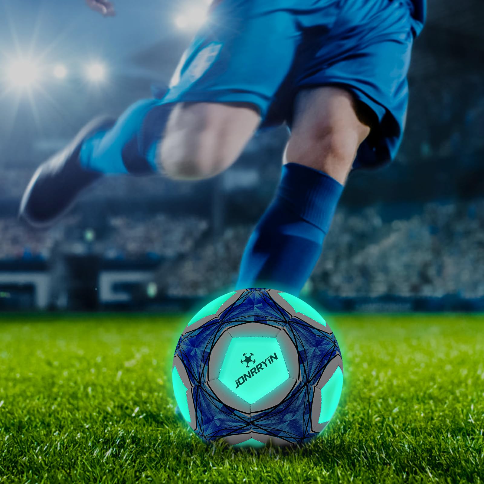 JONRRYIN Pallone Calcio Bambino, Size 5 pallone da Calcio Bagliore al Buio, Palloni Calcio Misura 5 con Zaino e Borsa a Rete Pompa, Pallone da Calcio a Fluorescenza per Allenamenti e Giochi