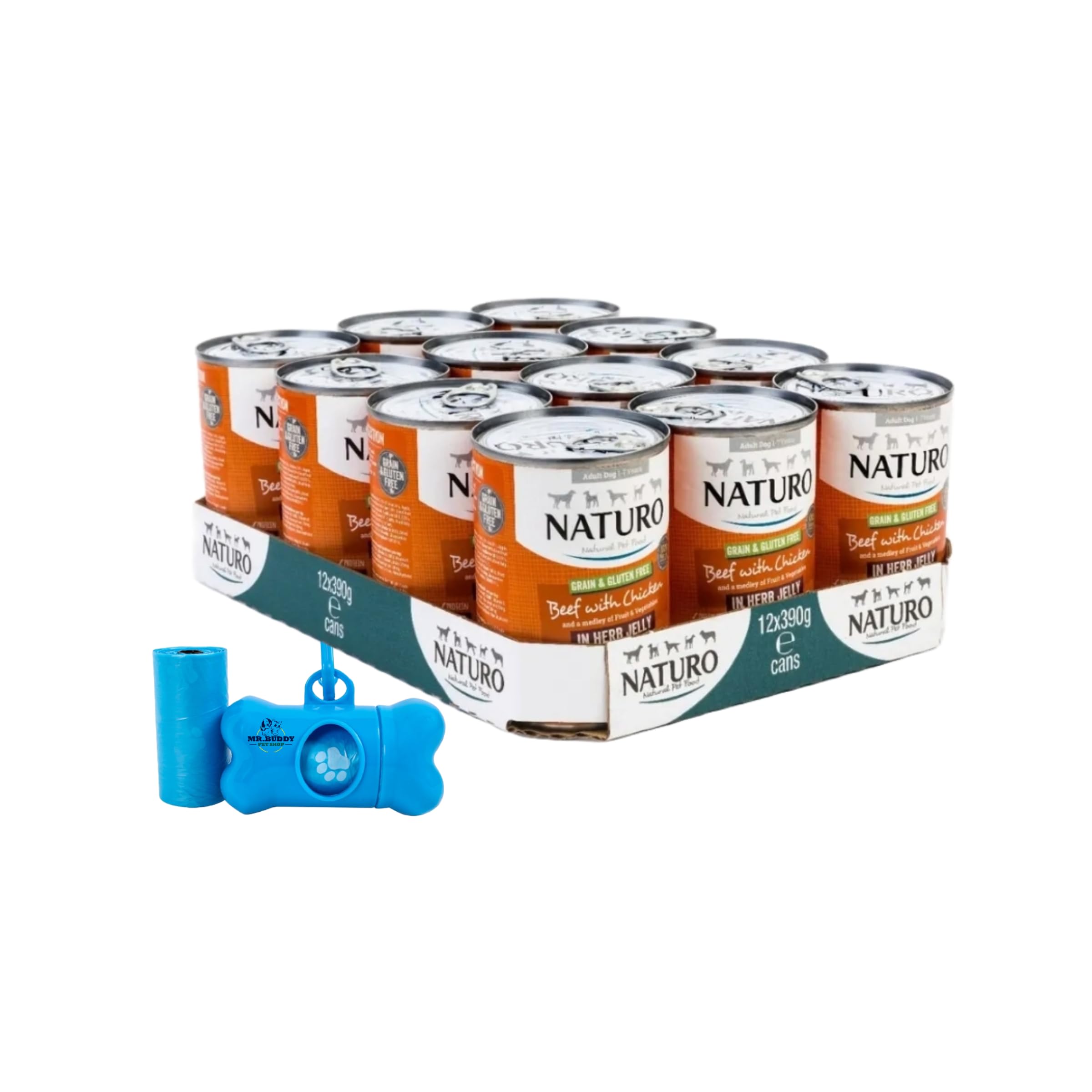 Naturo Adult Grain & Gluten Free Beef with Chicken in Herb Jelly 12 x 390g With Buddy's Poop Bag Dispenser