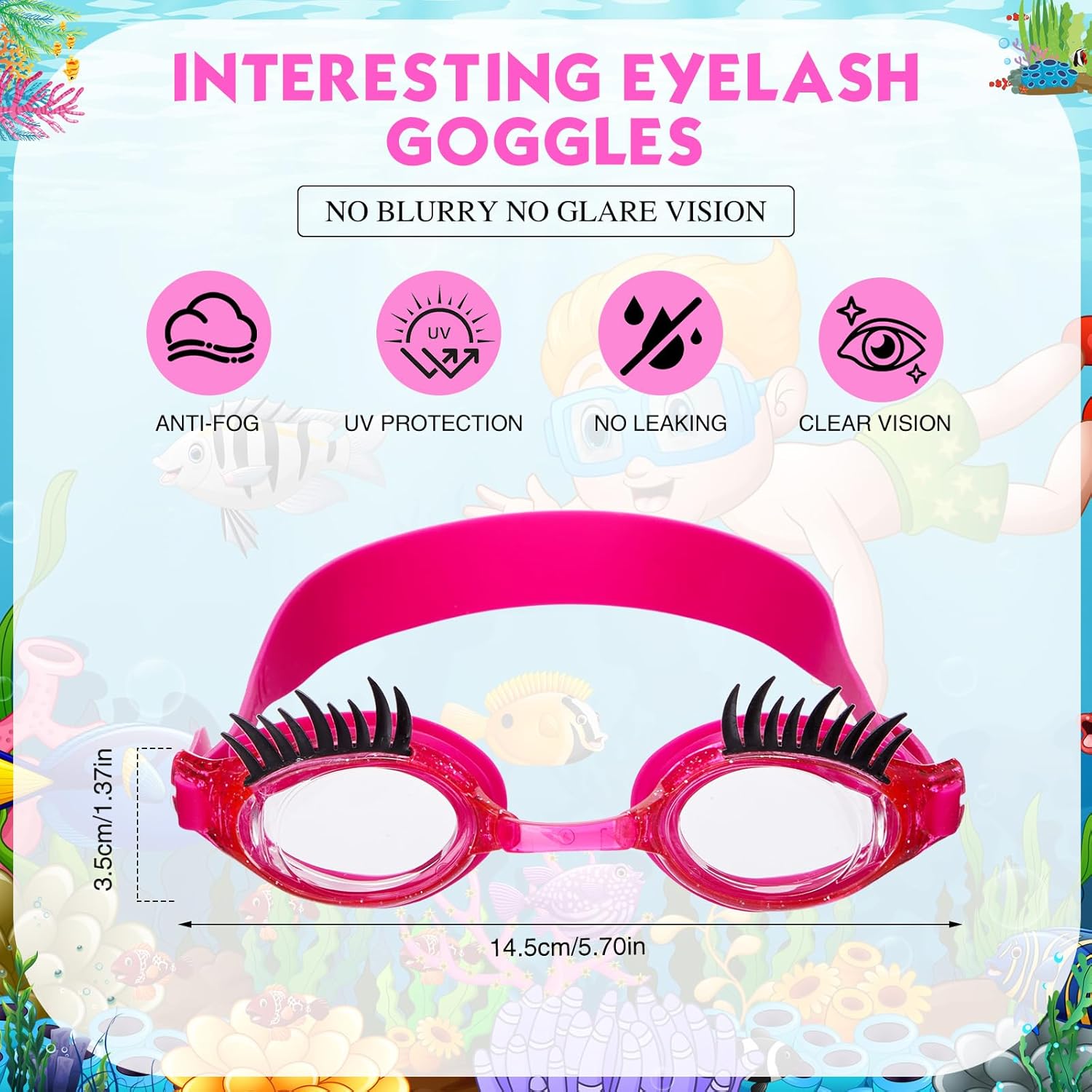 Konohan Kids Swim Goggles Eyelashes Girls Funny Swim Goggle No Slip Leak Anti Fog UV Glasses for Lash Extensions