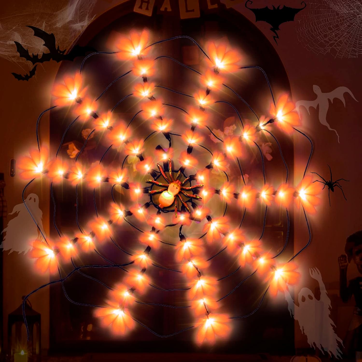 Twinkle Star Halloween Lighted Orange 60 LED Spider Web Lights with Spider, 120V High-Voltage Light Up Spider Net Decorations, Indoor Outdoor House Yard Garden Scary Halloween Decoration