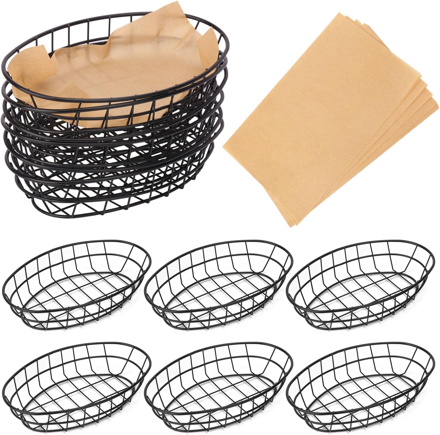 12 Pack Wire Bread Basket with 50 Sheets Deli Wrappers Paper, 9.65 x 6.1 x 2.17 Inch Metal Oval Bread Basket for Food & Fruit Serving – Durable Black Wire Baskets for Home & Kitchen