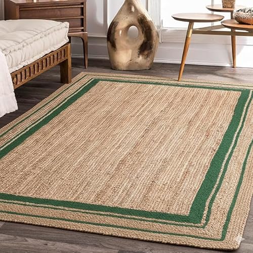 DECORAM WORLD 2.6x10 Ft Natural Jute Area Rug with Green