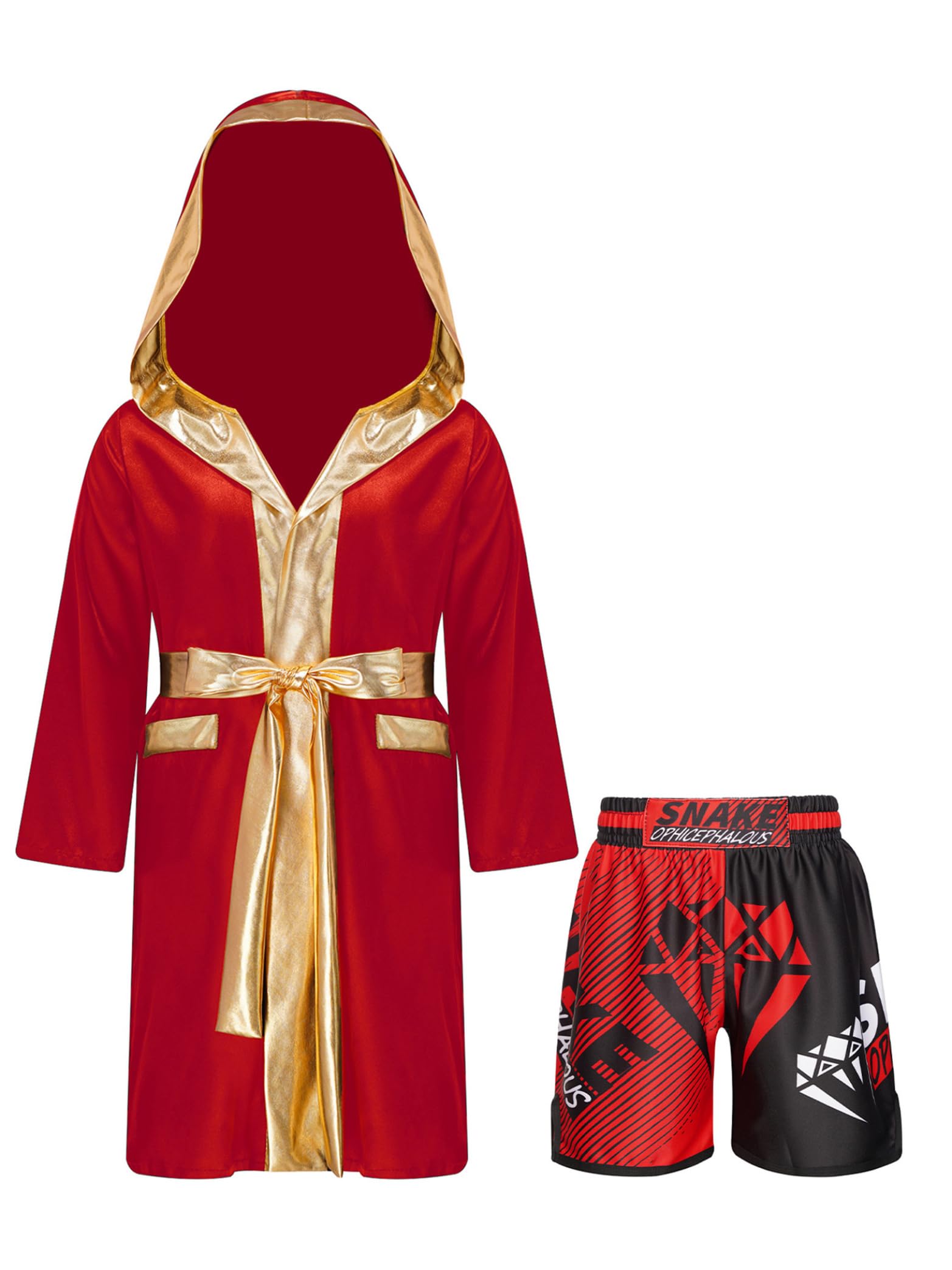 Miaeowve Kids Boys Boxing Outfit Open Front Hooded Grown Cloak Metallic Satin Robe with Belt and Boxer Shorts Set B3 7-8 Years โ image 1