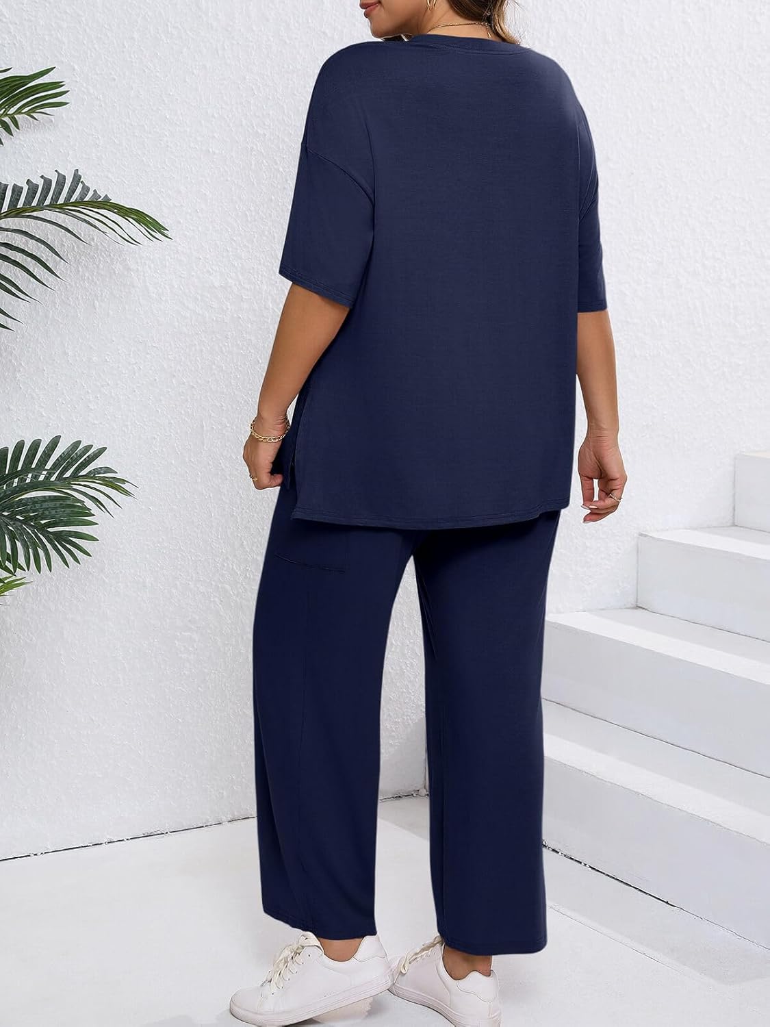 Beautife Womens Plus Size Lounge Sets Short Sleeve Tops Wide Leg Pants 2 Piece Outfits Tracksuit with Pockets - Image 4