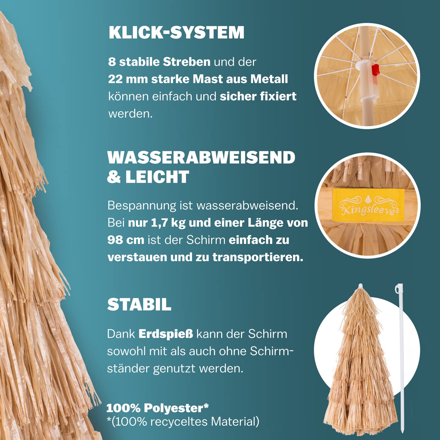 Kingsleeve® Sonnenschirm Hawaii Ø160cm Neigbar Höhenverstellbar UV Schutz 30+ Groß Rund Balkon Strand Strohschirm Strandschirm Bast Hawaiischirm Braun