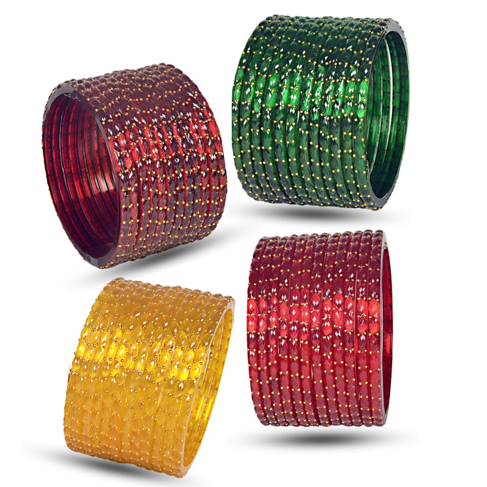 Swara Creations Raindrop Crystal Glass Bangle Set for Women | Glossy Plain Finish | Raindrops Multicolor Red Green