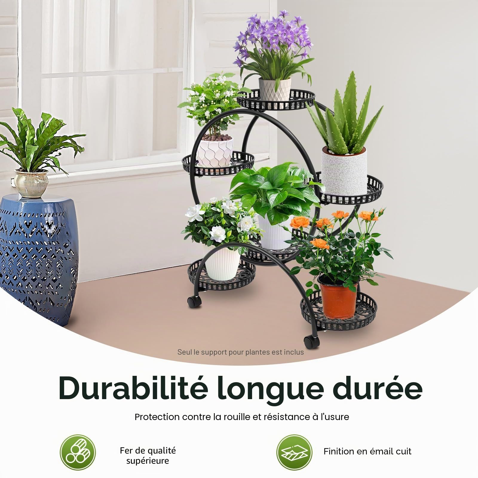 Support pour plantes à 4 niveaux et 6 pots de fleurs en métal avec roulettes, étagère pour plantes d'intérieur et d'extérieur pour salon, jardin et balcon