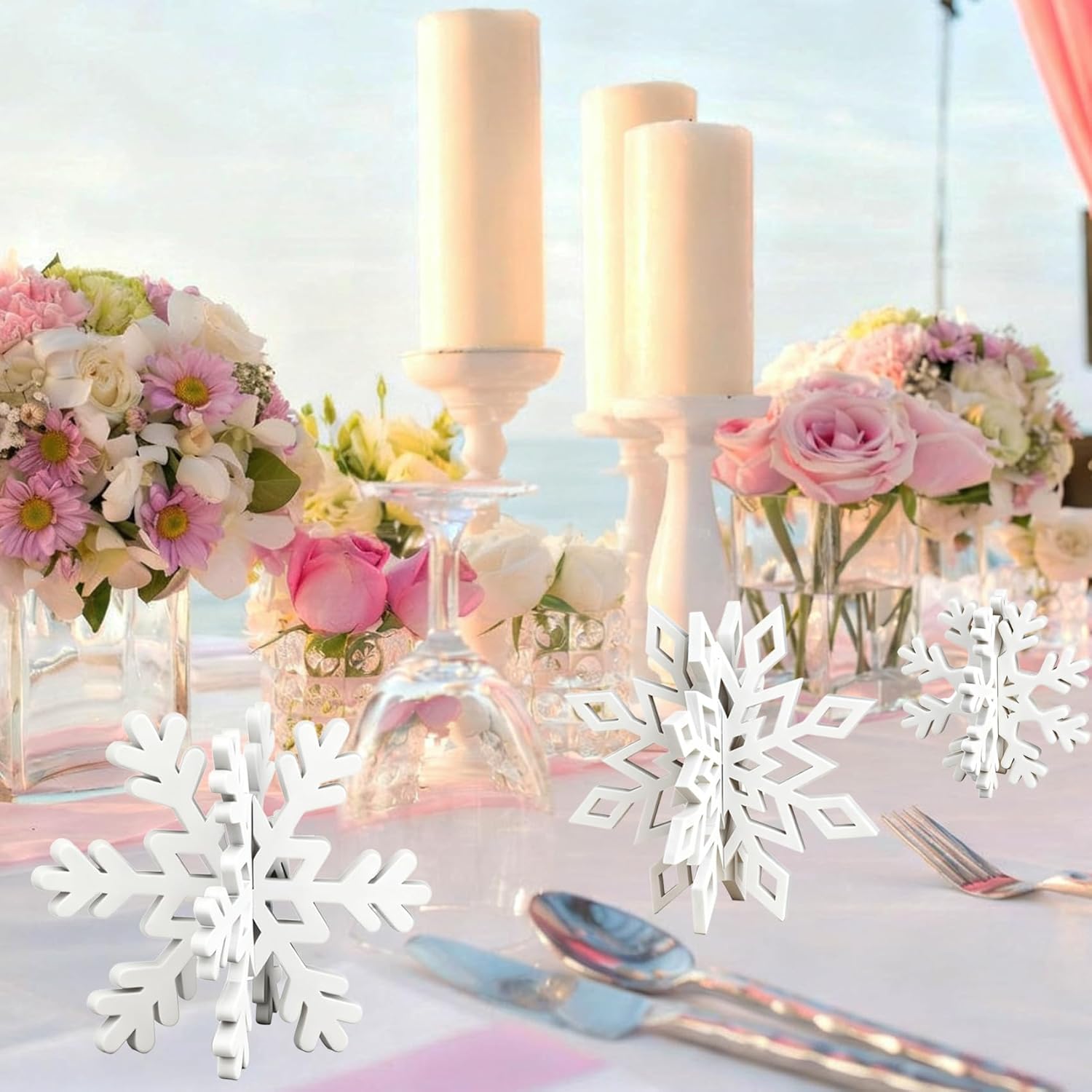 24Pcs Christmas Centerpieces for Tables with Wooden Snowflakes, Christmas Table Centerpieces Decorations Indoor 3D Snowflakes Table Signs for Winter Wonderland Party Home Office - Image 4