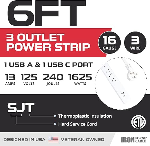 Miniatura 2 de IRON FORGE CABLE Regleta de protección contra sobretensiones, 3 salidas con 2 puertos de carga USB (USB A y USB C), enchufe plano cable de extensión