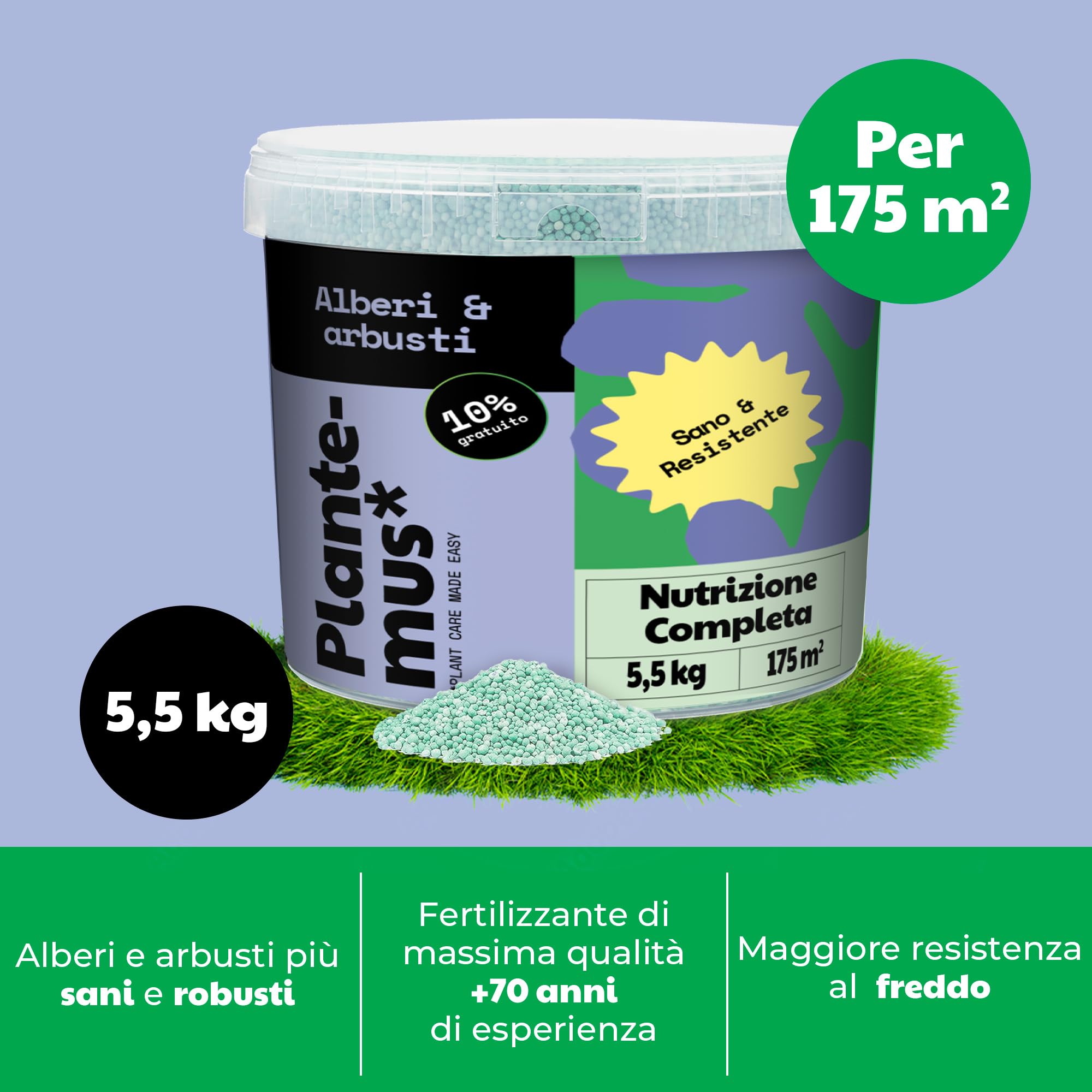 PLANTEMUS Concime per Alberi, Arbusti, Siepi e Piante da Esterno, Nutrizione Completa per la Vegetazione Esterna, Concime Granulare, 5.5 KG