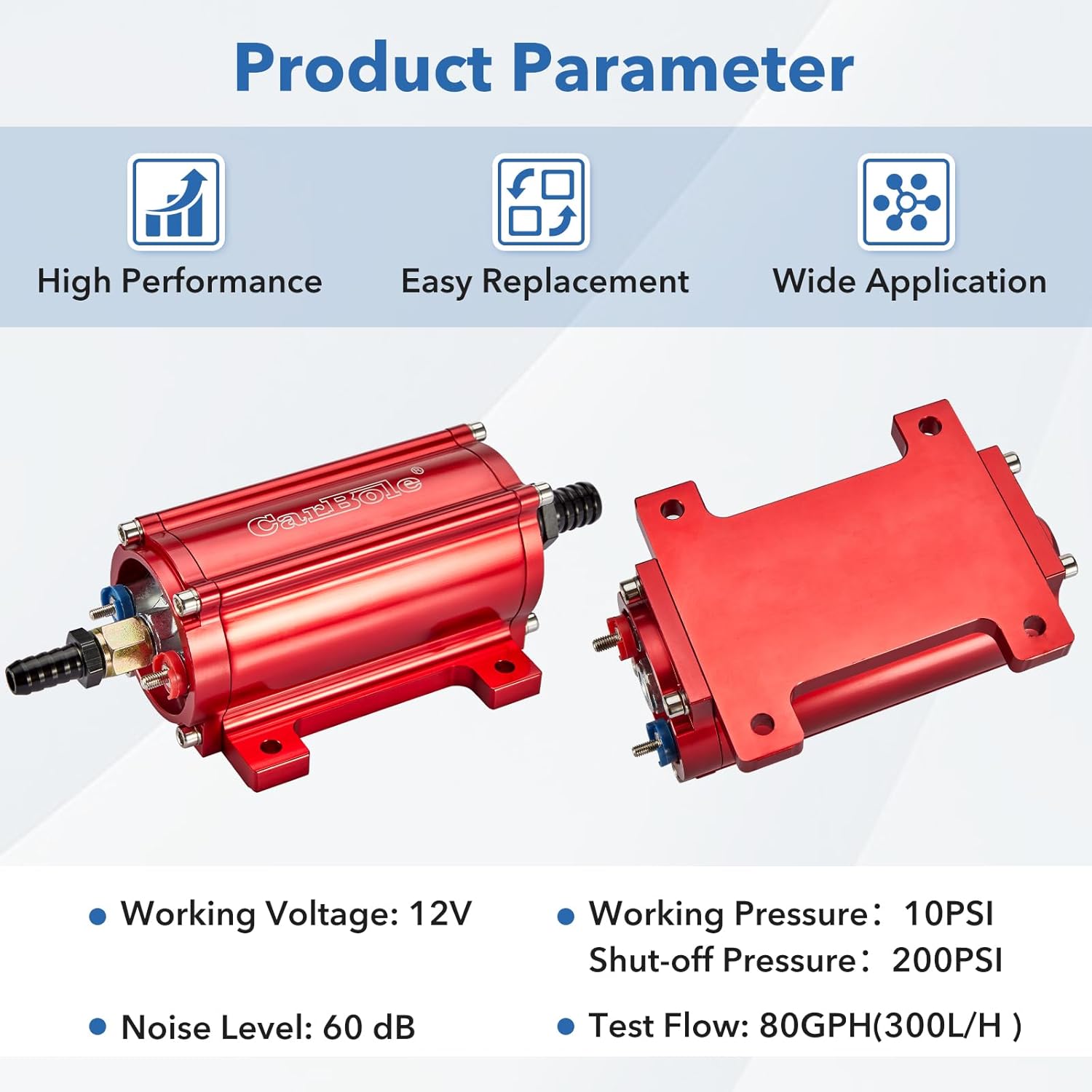 CarBole High Performance Fuel Pump 300LPH Flow Rate External Inline Universal 12V Fuel Transfer Pump with Power-cord