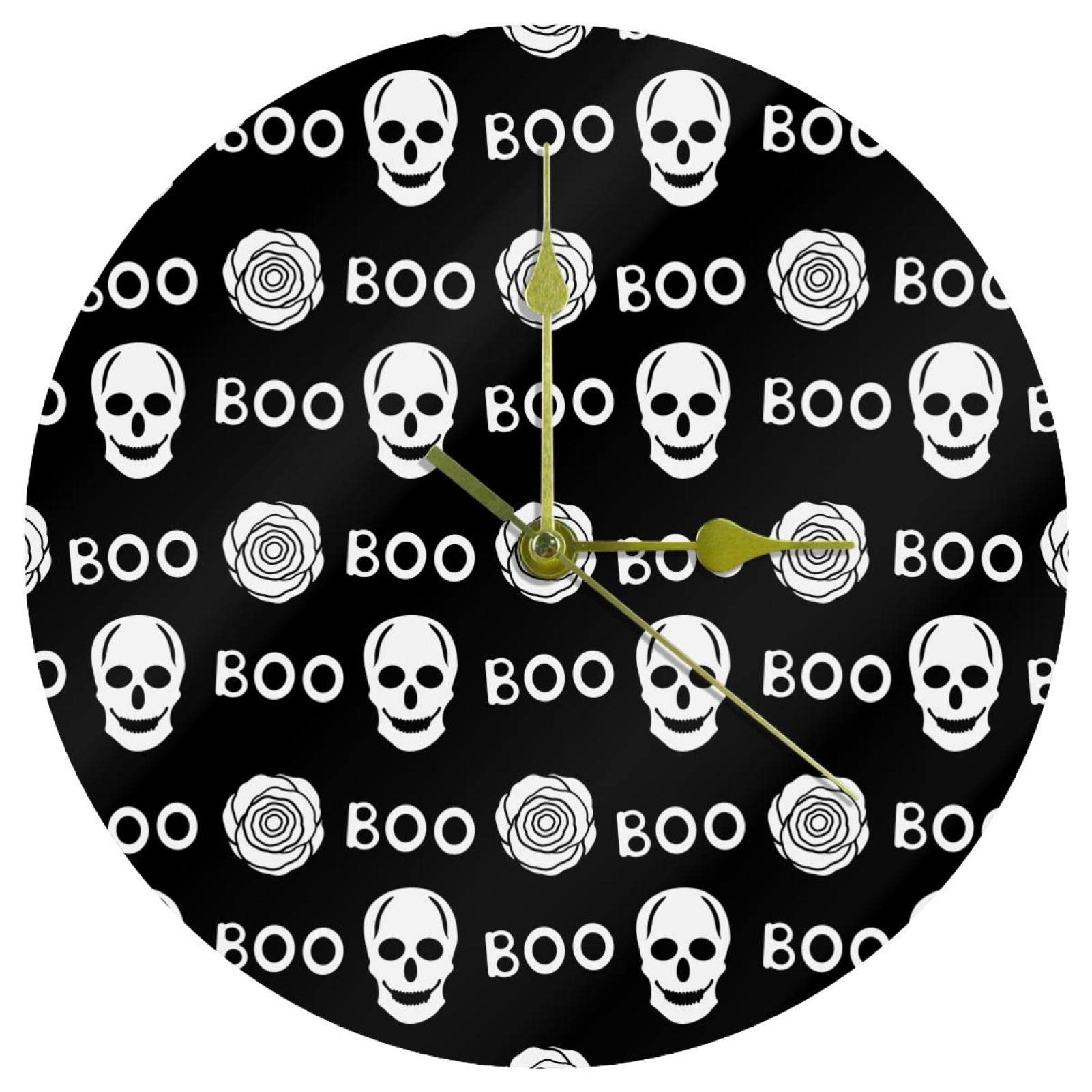 Horloge murale acrylique tête de mort Boo 24 cm ronde silencieuse pour maison et bureau