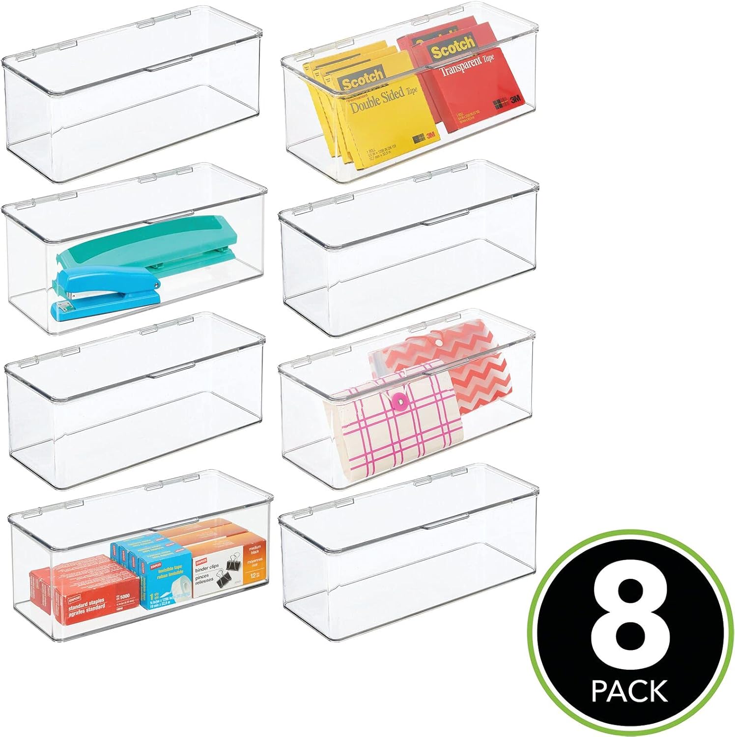 mDesign Plastic Stackable Home, Office Supplies Storage Organizer Box with Attached Hinged Lid - Holder Bin for Note Pads, Gel Pens, Staples, Dry Erase Markers, Tape, 8 Pack - Clear : Office Products