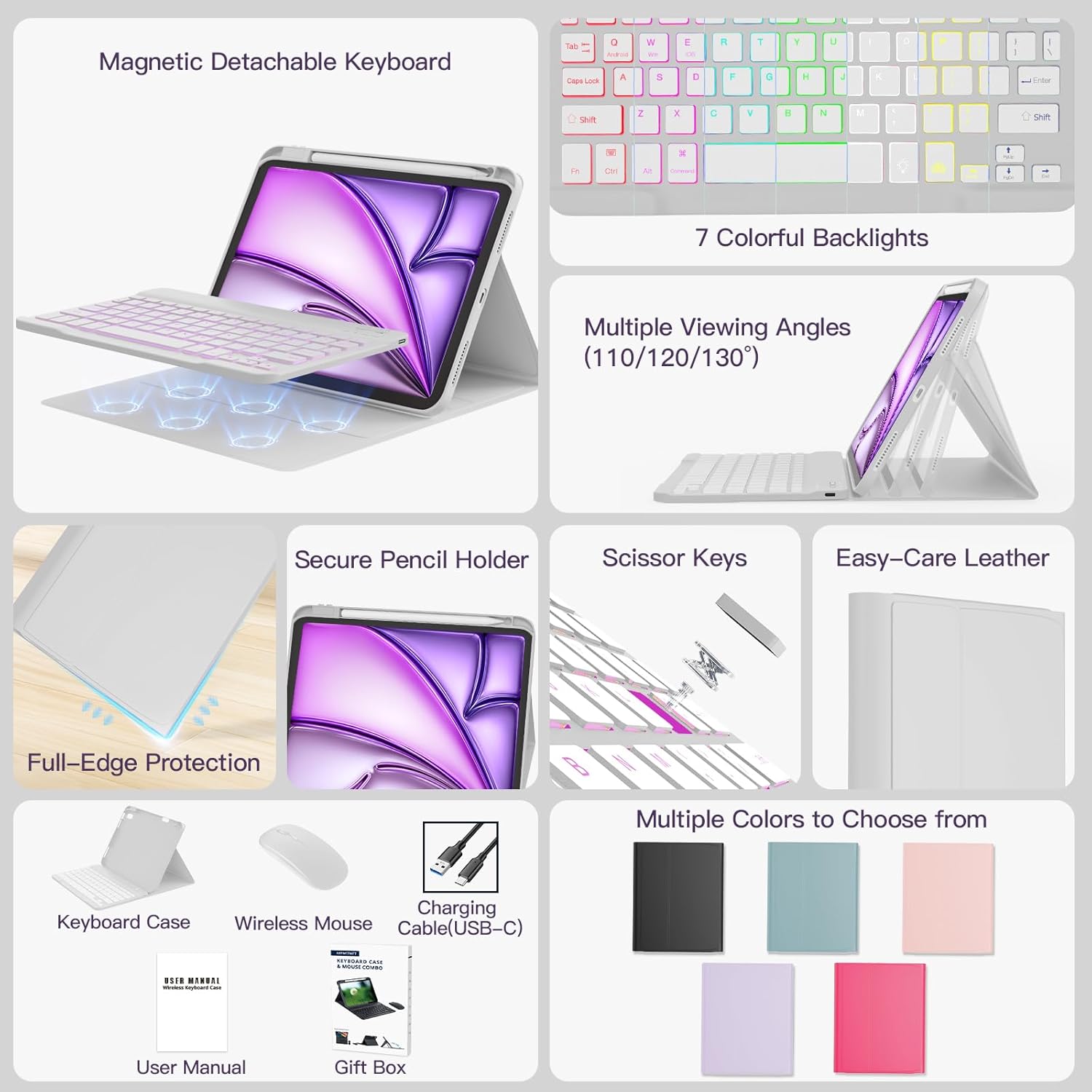 RAYMCRAFT for iPad Air 11-inch Case with Keyboard M4/M3/M2 (2026/2025/2024), Mouse and Detachable Wireless Keyboard Combo for iPad Air 5th/4th 10.9-inch, 7-Color Backlight with Pencil Holder, White