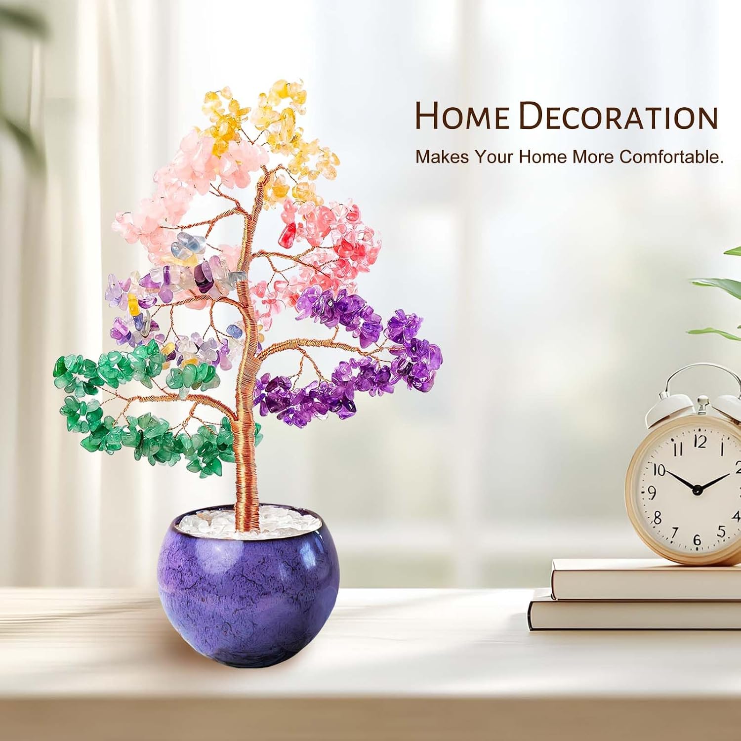 Lively Abundance Genuine Crystal Feng Shui Tree of Life Chakra Healing for Home Decor, Office Desk Decor Handmade Bonsai Trees for Positive Energy Gifts (Purple Base)