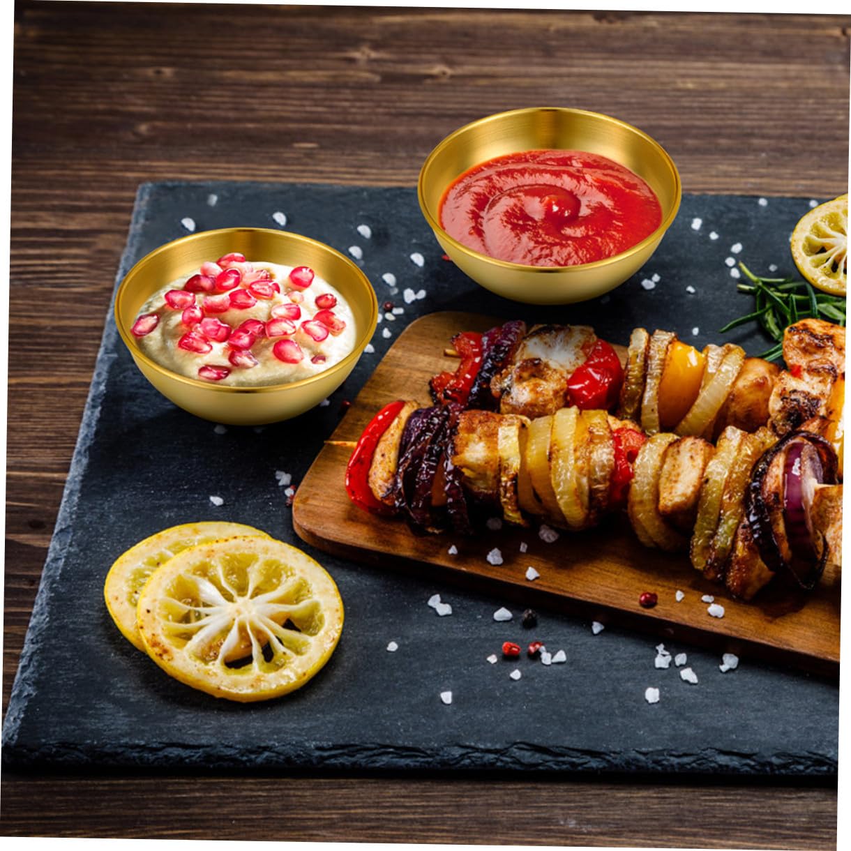 DOITOOL Juego de 8 Mini Platos de Aperitivo y Cuencos para Mojar en Acero Inoxidable Dorado, Resistente a Calor y Ácido, Diseño Simple para Restaurantes y Comedor