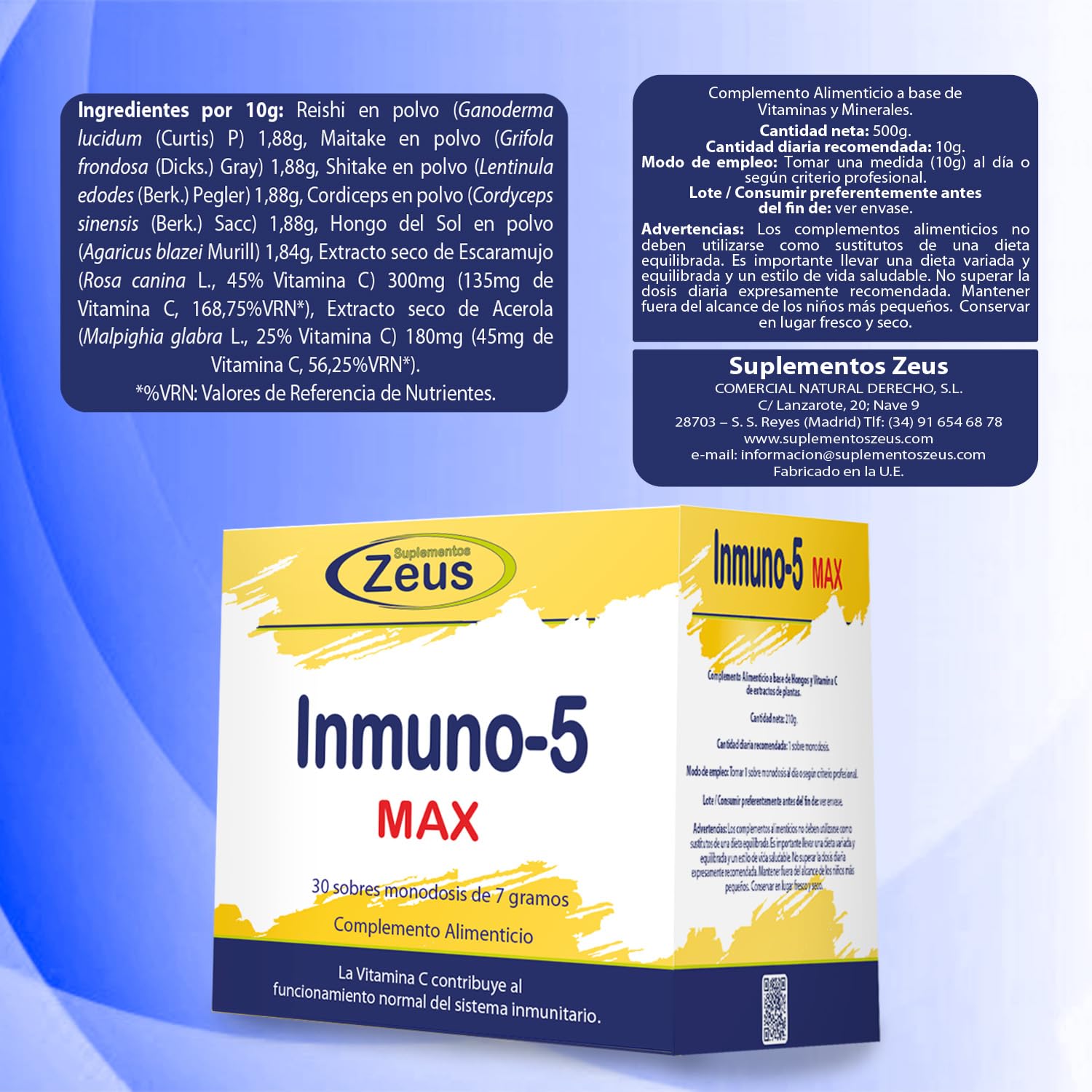 INMUNO-5 MAX |Contribuye al funcionamiento normal del sistema inmunitario | Complemento Alimenticio a base de Hongos y Plantas que aportan Vitamina C | 100% Vegano | 30 Sobres monodosis