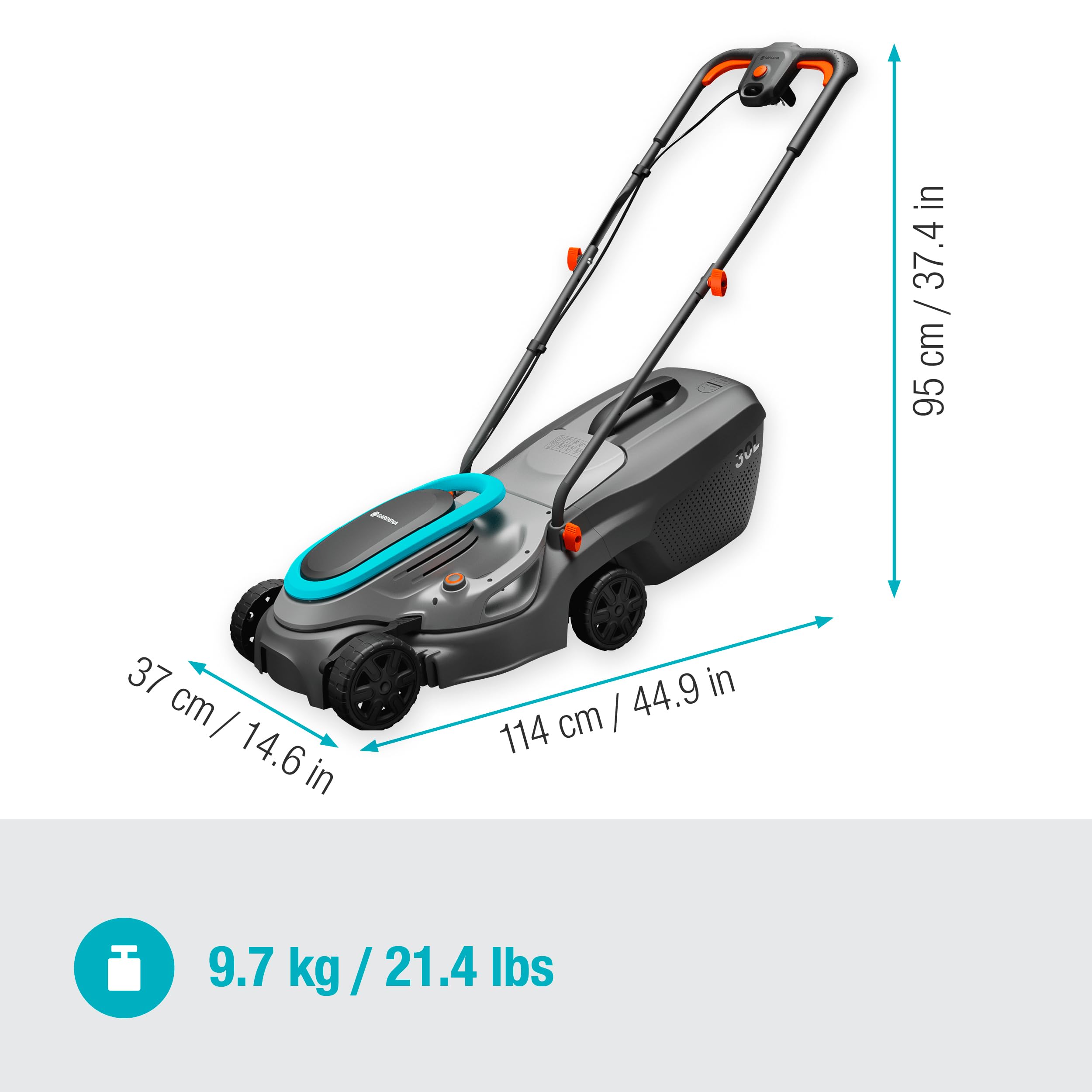 Gardena cortacésped eléctrico PowerMax 32/1200 G2: Segadora hasta 300 m², Potencia 1200 W, Anchura de Corte 32 cm, Capacidad 30 l, Altura de Corte 35 a 65 mm, Agarre ErgoTec, Plegable (14633-20)