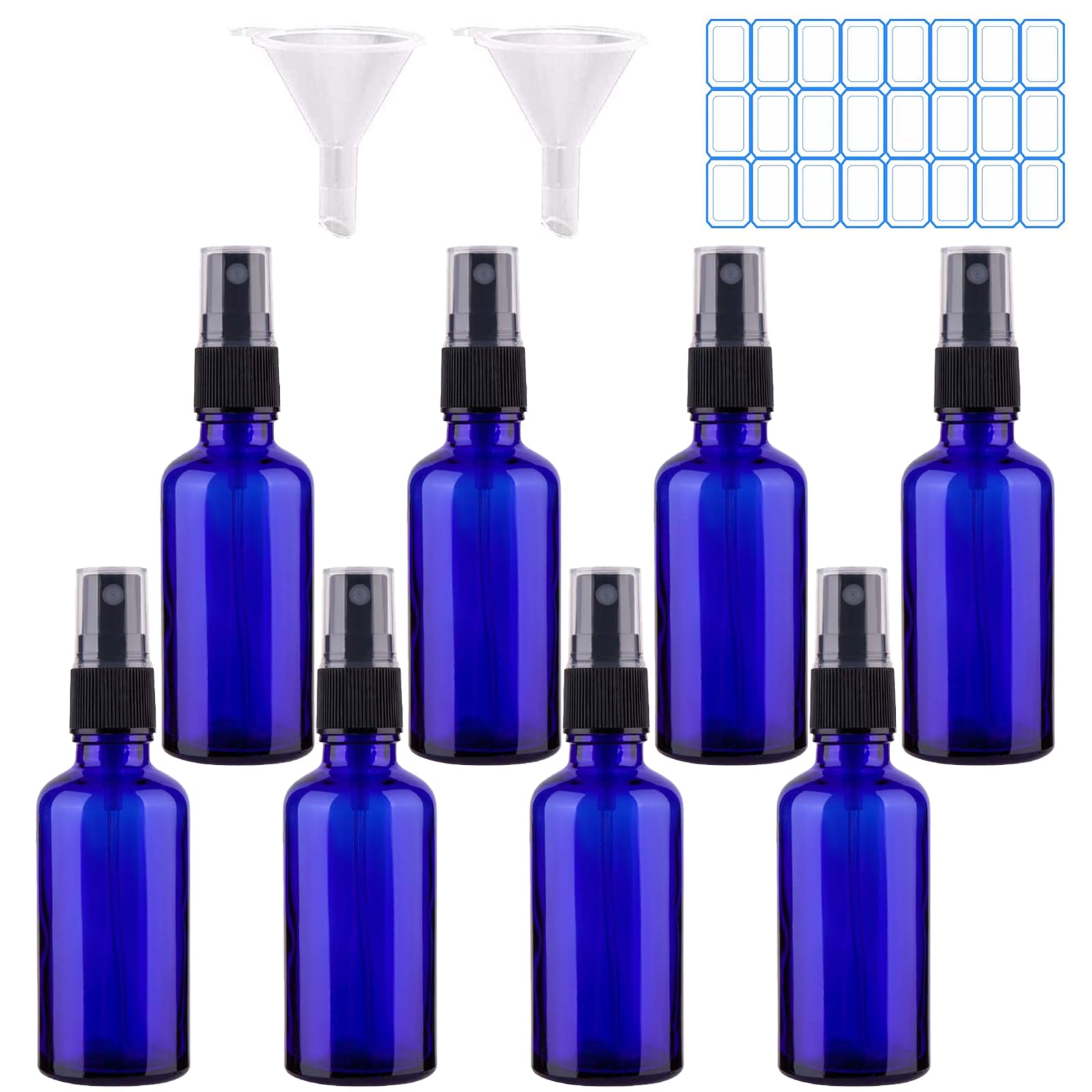 Spray Bottles 2oz/50ml 8 Pack Blue Empty Fine Mist Plastic Refillable Bottle is Great for Essential Oils, Organic Beauty Solutions Homemade Cleaning and Aromatherapy with 2pcs Funnels and 24pcs Labels