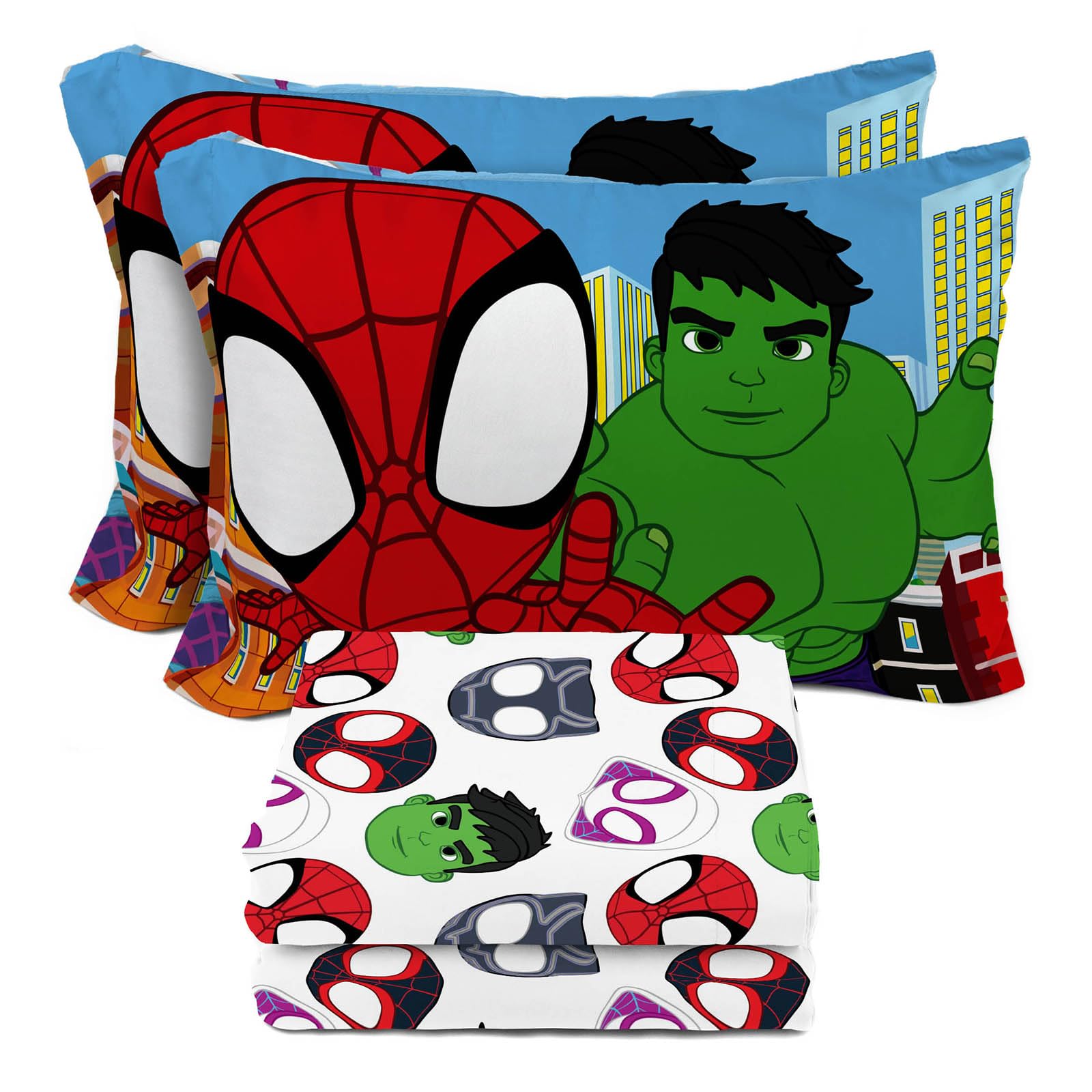 Sunny Side Up Spidey & His Amazing Friends Full Sheet Set - 4 Piece Kids Bedding Set Includes Pillow Cover - Super Soft Superhero Microfiber Sheets Features Miles Morales & Ghost Spider