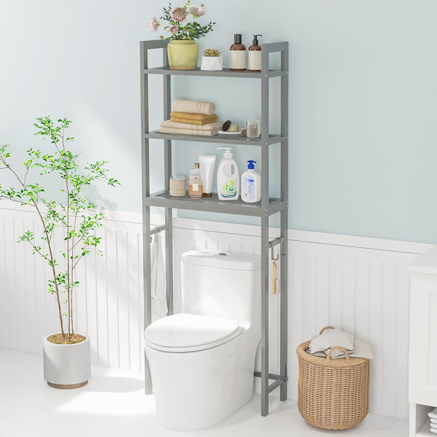 Giantex Over The Toilet Storage Shelf, 3-Tier Freestanding Space Saver Above Toilet Shelves with 3 Hooks & Adjustable Bottom Bar, Over Toilet Bathroom Organizer for Restroom, Laundry (Gray)