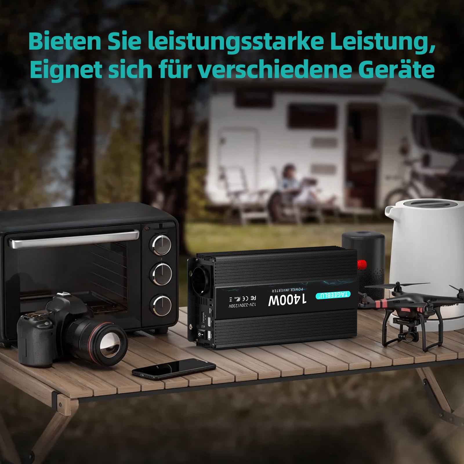 Falownik 1400 W, 12 V na 230 V, przetwornica napięcia 12 V 230 V | Z 1 gniazdkiem, typ C 20 W, szybkie ładowanie USB 20 W, wskaźnik LED